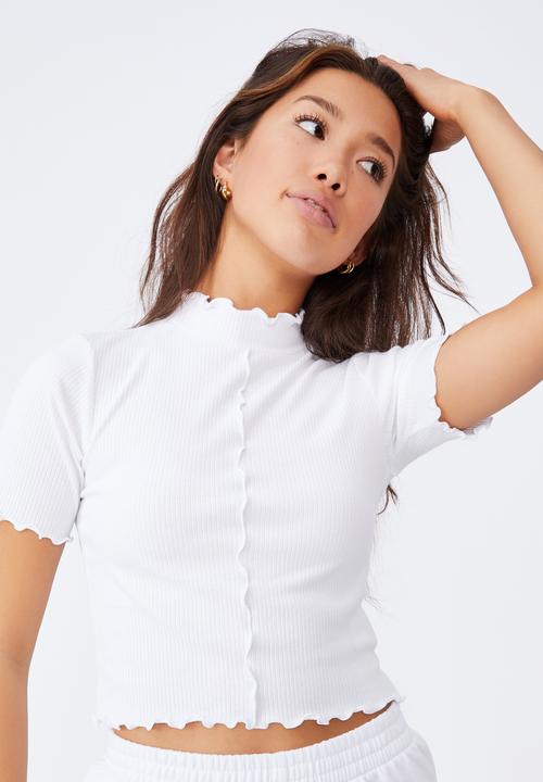 Factorie - Short sleeve lettuce edge detail top - white