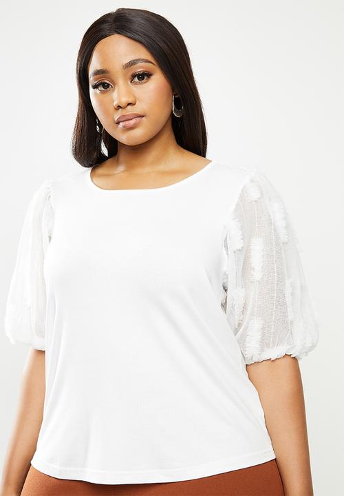 Me&B - Plus milk combo tee with 3d organza puff sleeves - white 