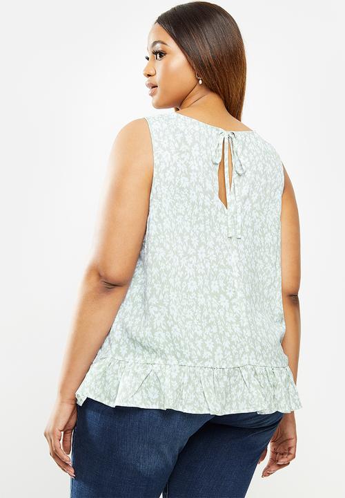 edit Plus - Woven frill hem vest - green & white 