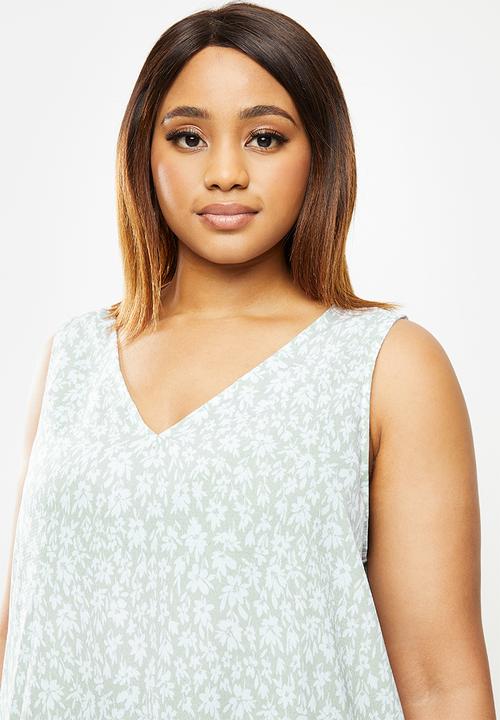 edit Plus - Woven frill hem vest - green & white 
