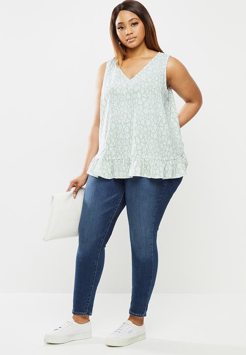 edit Plus - Woven frill hem vest - green & white 