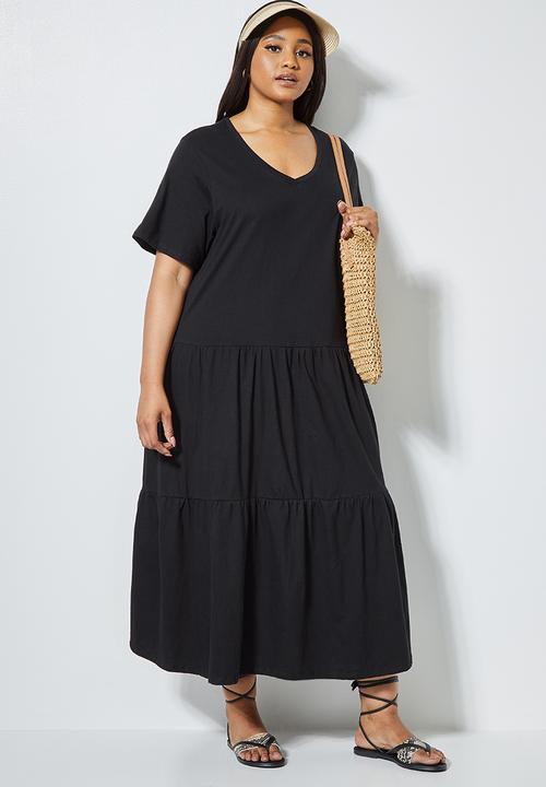 Superbalist - V-neck tiered midi dress - black