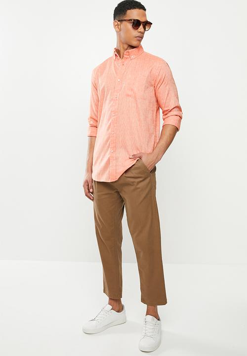 Jonathan D - Slim fit casual l/s linen shirt - salmon