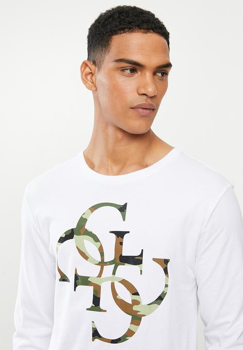 GUESS - Long sleeve  bsc camo quatro g crew tee - true white