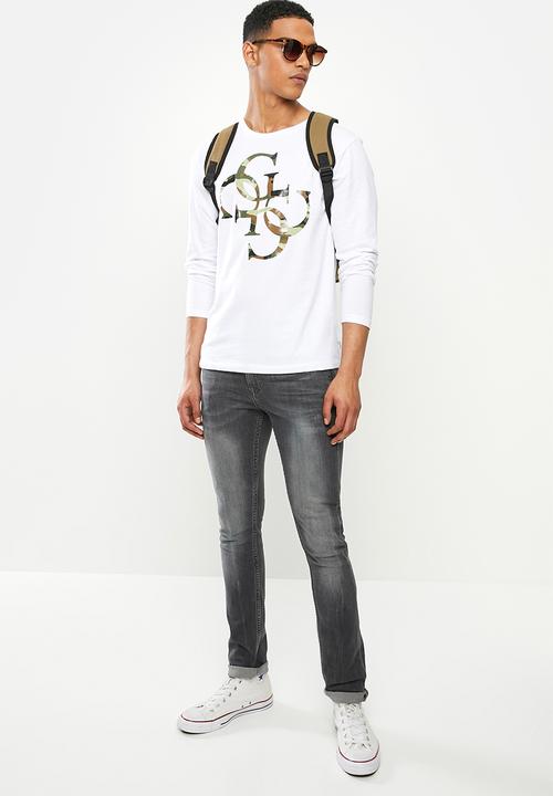 GUESS - Long sleeve  bsc camo quatro g crew tee - true white