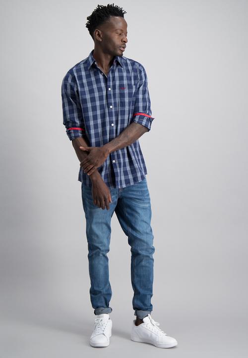 Aca Joe - Mens check long sleeve shirt - deep blue 