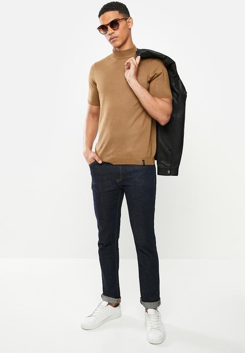Jonathan D - Short sleeve knitted turtle neck tee - camel