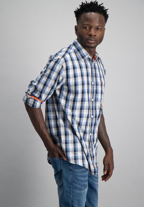 Aca Joe - Mens aca joe check long sleeve shirt - blue & white 