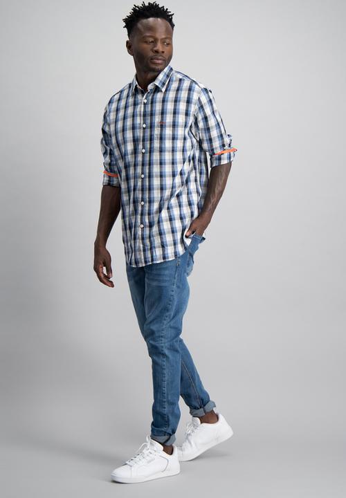Aca Joe - Mens aca joe check long sleeve shirt - blue & white 