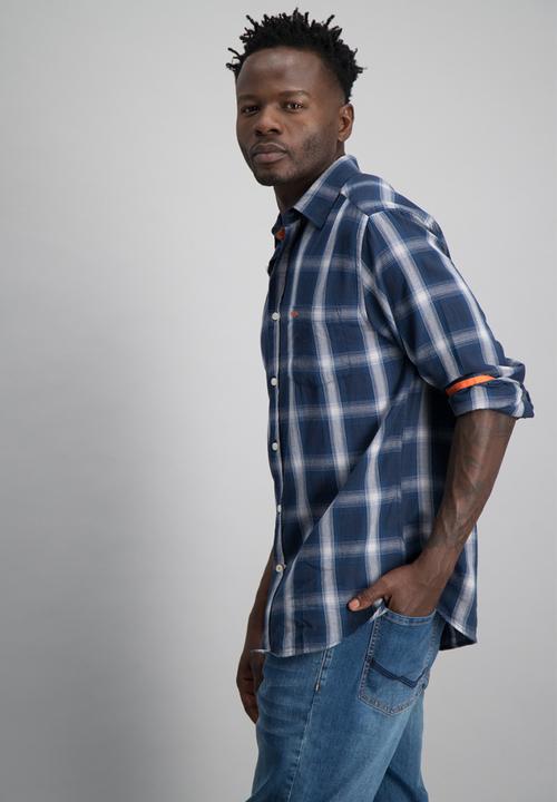 Aca Joe - Mens aca joe check long sleeve shirt - blue & white 