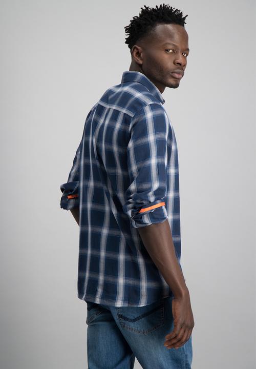 Aca Joe - Mens aca joe check long sleeve shirt - blue & white 