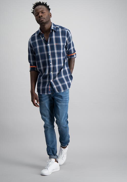 Aca Joe - Mens aca joe check long sleeve shirt - blue & white 