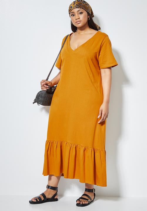 Superbalist - V-neck tiered midi dress - mustard
