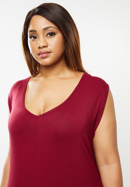 edit Plus - Sleeveless knit slit column dress - red