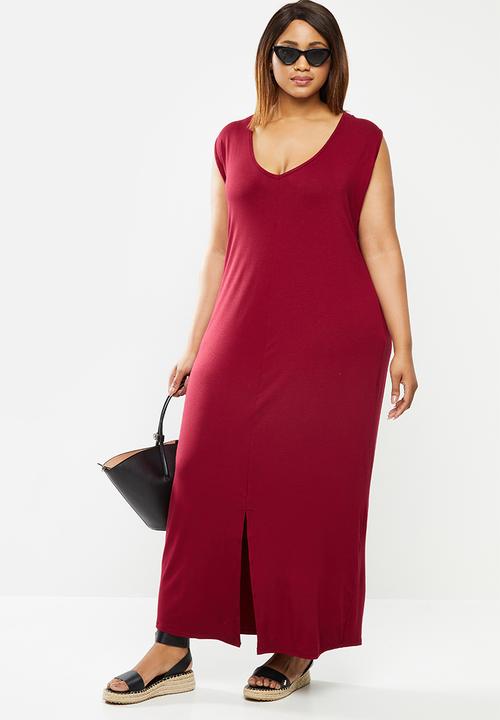 edit Plus - Sleeveless knit slit column dress - red