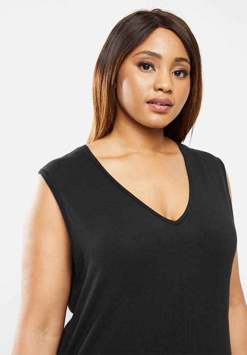 edit Plus - Sleeveless knit slit column dress - black