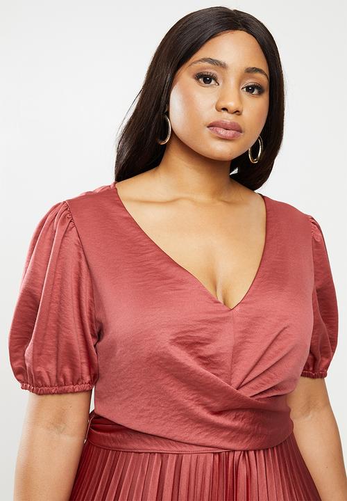 MILLA - Pleated wrap midi dress - burgundy