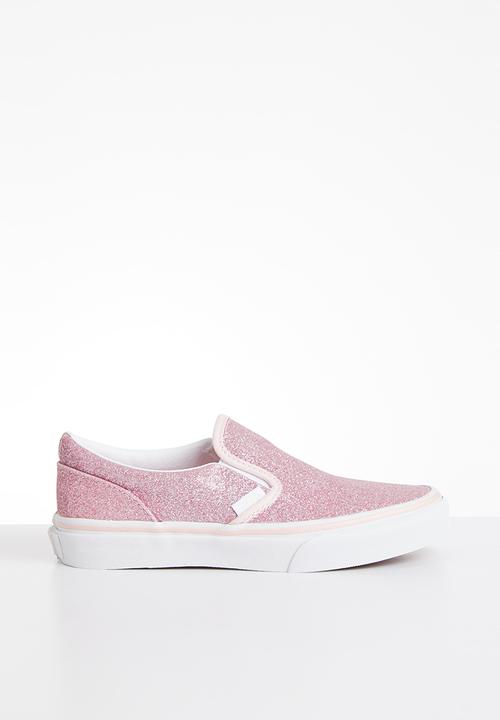 pink and white shoe vans