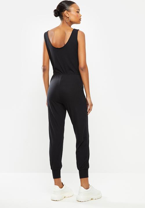 Missguided - Rib sleeveless jogger tie waist jumpsuit - black