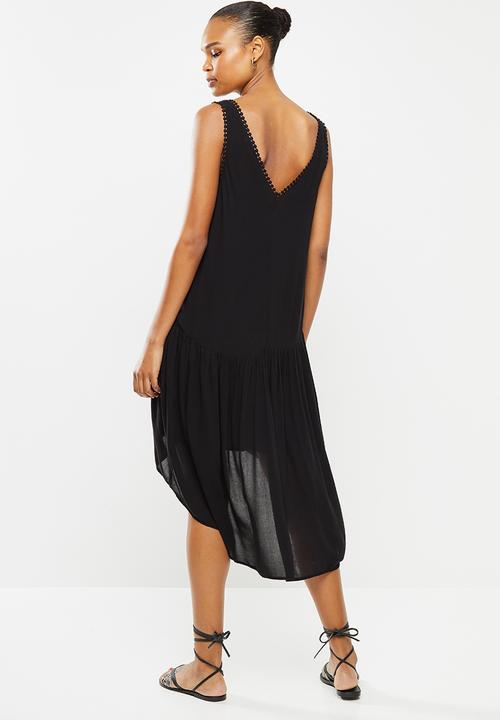 MILLA - Dipped hem tiered mini dress with trim - black