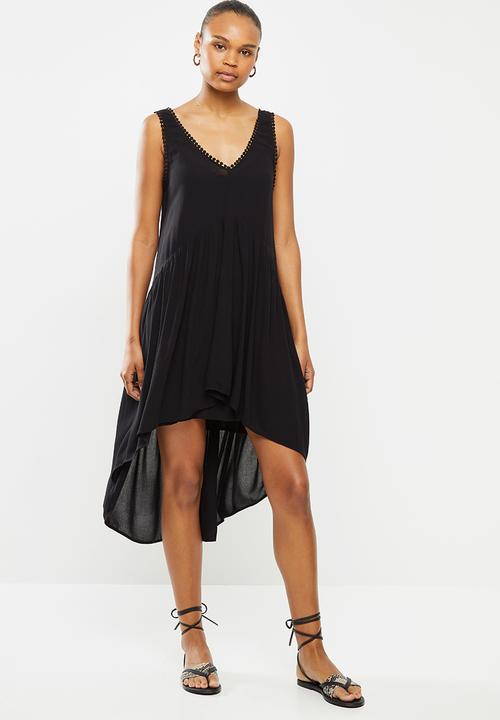 MILLA - Dipped hem tiered mini dress with trim - black
