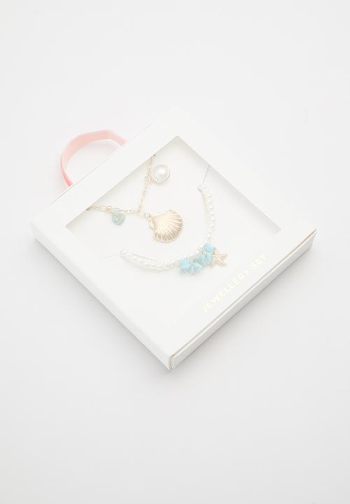 Cotton On - Bead necklace and bracelet set - gold & blue 