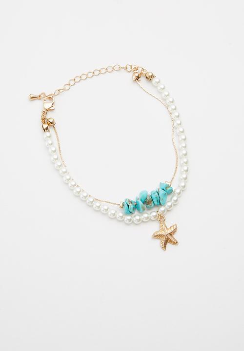 Cotton On - Bead necklace and bracelet set - gold & blue 