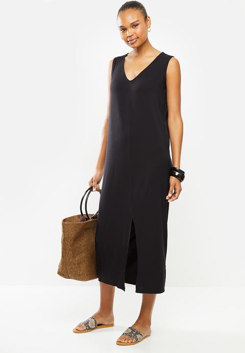 edit - Sleeveless knit slit front column dress - black