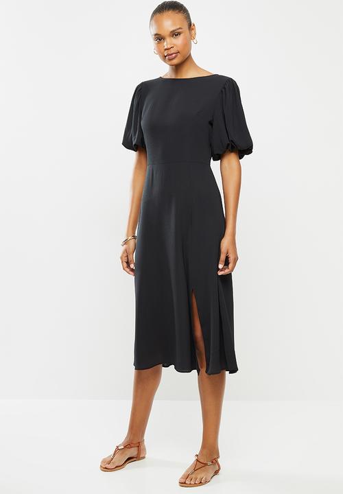 edit - Bubble sleeve crepe slit midi - black