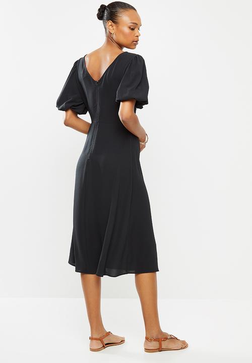 edit - Bubble sleeve crepe slit midi - black