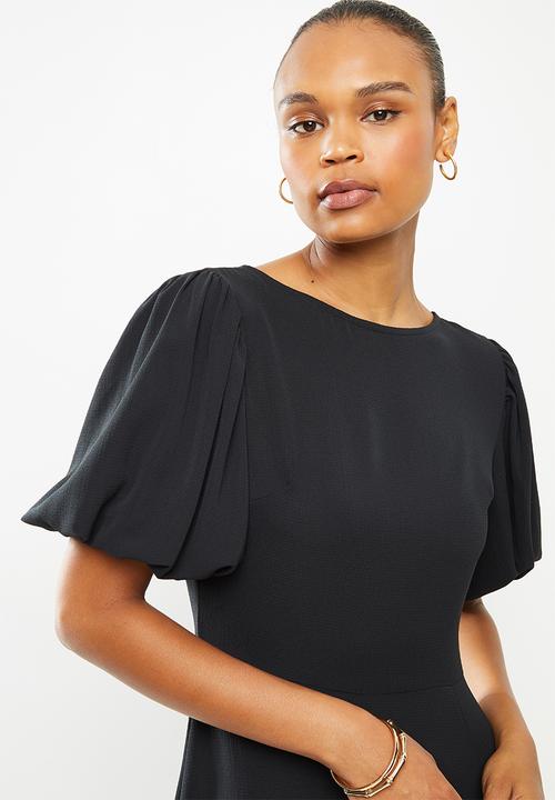 edit - Bubble sleeve crepe slit midi - black