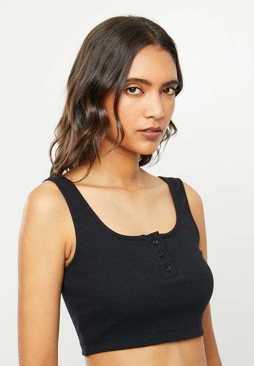 Blake - Ribbed henley button down crop top - black