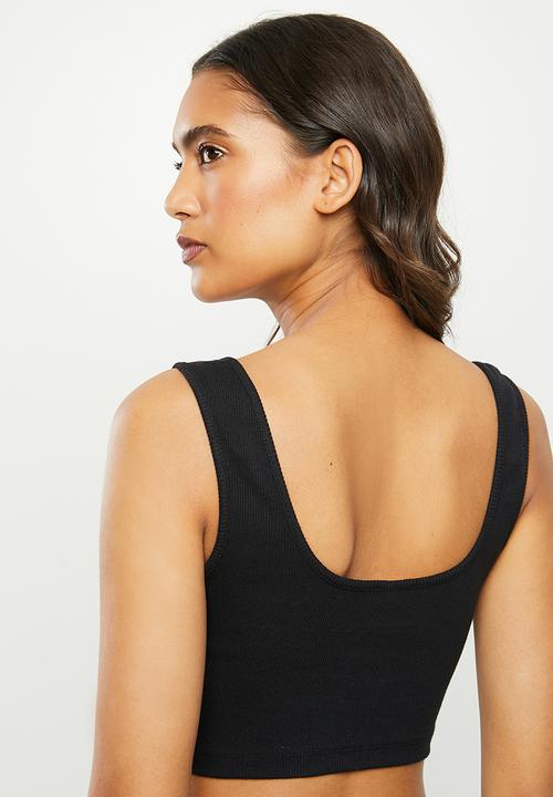 Blake - Ribbed henley button down crop top - black