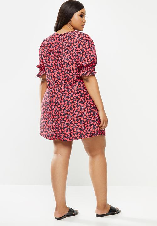 Glamorous - Plus size paisley puff sleeve dress - red & navy