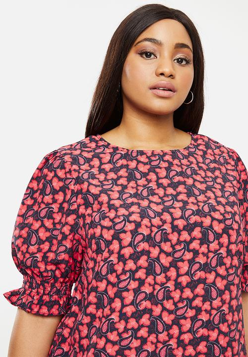 Glamorous - Plus size paisley puff sleeve dress - red & navy