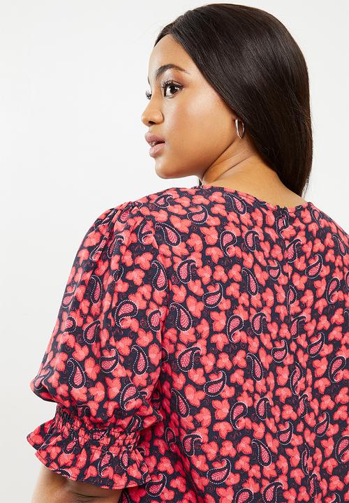 Glamorous - Plus size paisley puff sleeve dress - red & navy