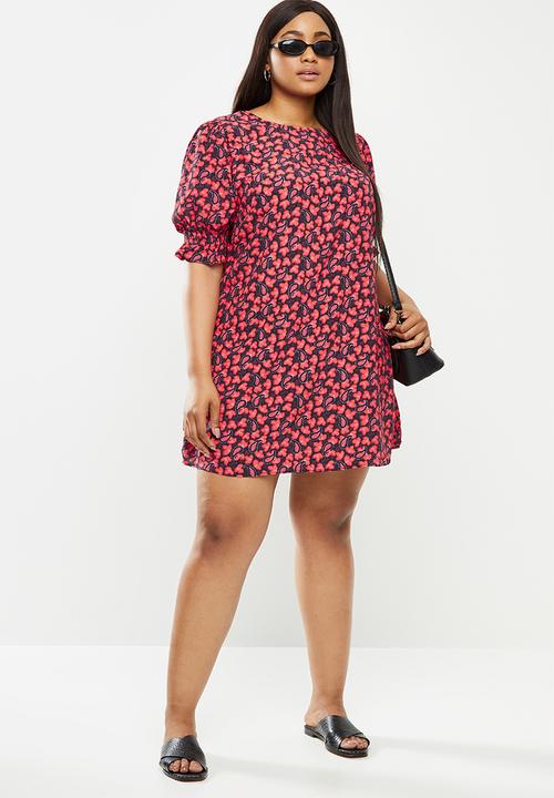 Glamorous - Plus size paisley puff sleeve dress - red & navy