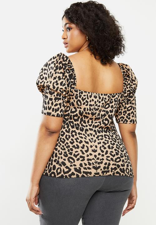 Missguided - Plus leopard puff sleeve top - beige & black 
