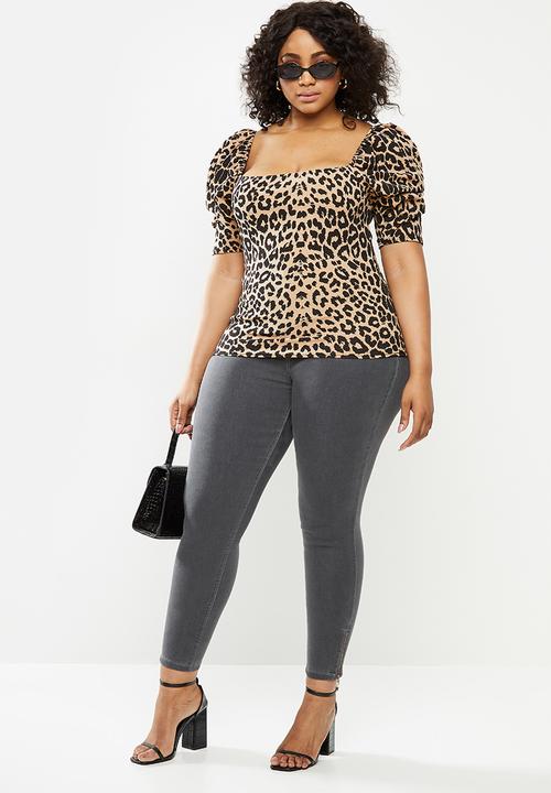 Missguided - Plus leopard puff sleeve top - beige & black 