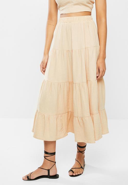 VELVET - Textured tiered midi skirt - beige