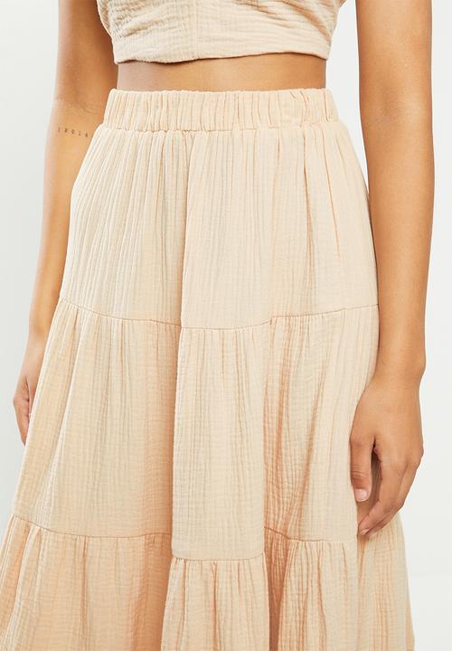 VELVET - Textured tiered midi skirt - beige