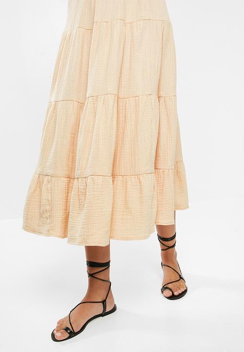 VELVET - Textured tiered midi skirt - beige