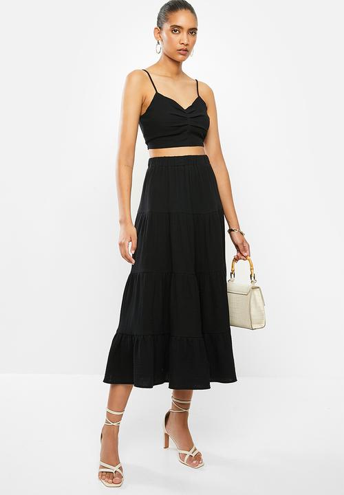 VELVET - Textured tiered midi skirt - black