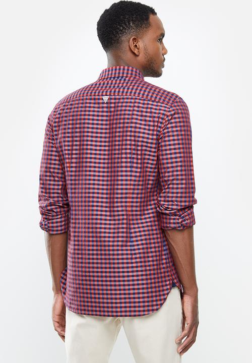 GUESS - Textured check long sleeve shirt - red & navy 