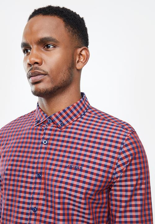 GUESS - Textured check long sleeve shirt - red & navy 