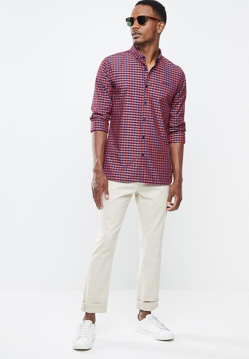 GUESS - Textured check long sleeve shirt - red & navy 