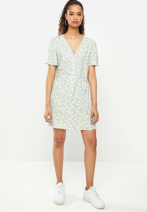 Blake - Button down mini dress - green & white 