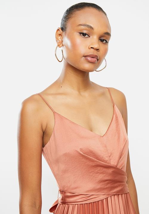 MILLA - Pleated satin cami maxi wrap dress - hazel brown