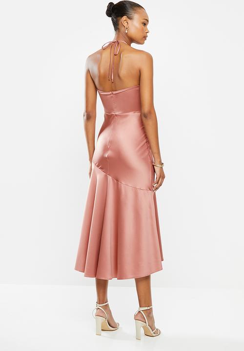 MILLA - Satin Halter dipped hem midi dress- rose