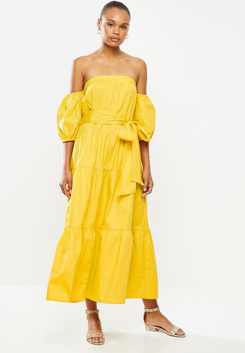 MILLA - Bardot tiered dress with balloon sleeve - yellow